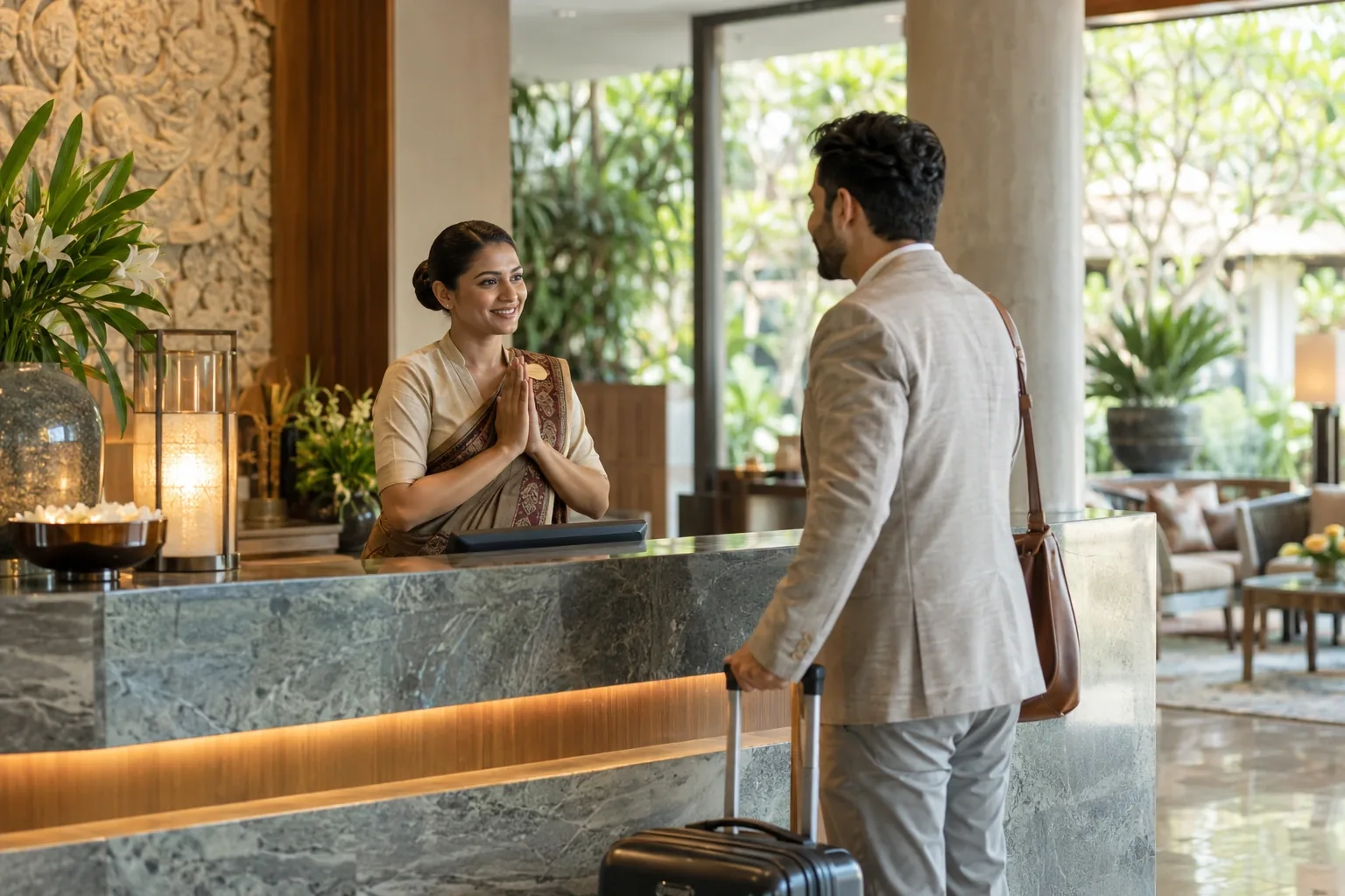 A welcoming Indian hotel receptionist greeting an adult traveler at a sophisticated boutique hotel lobby, natural stone desk, warm timber, lush plants and soft daylight.